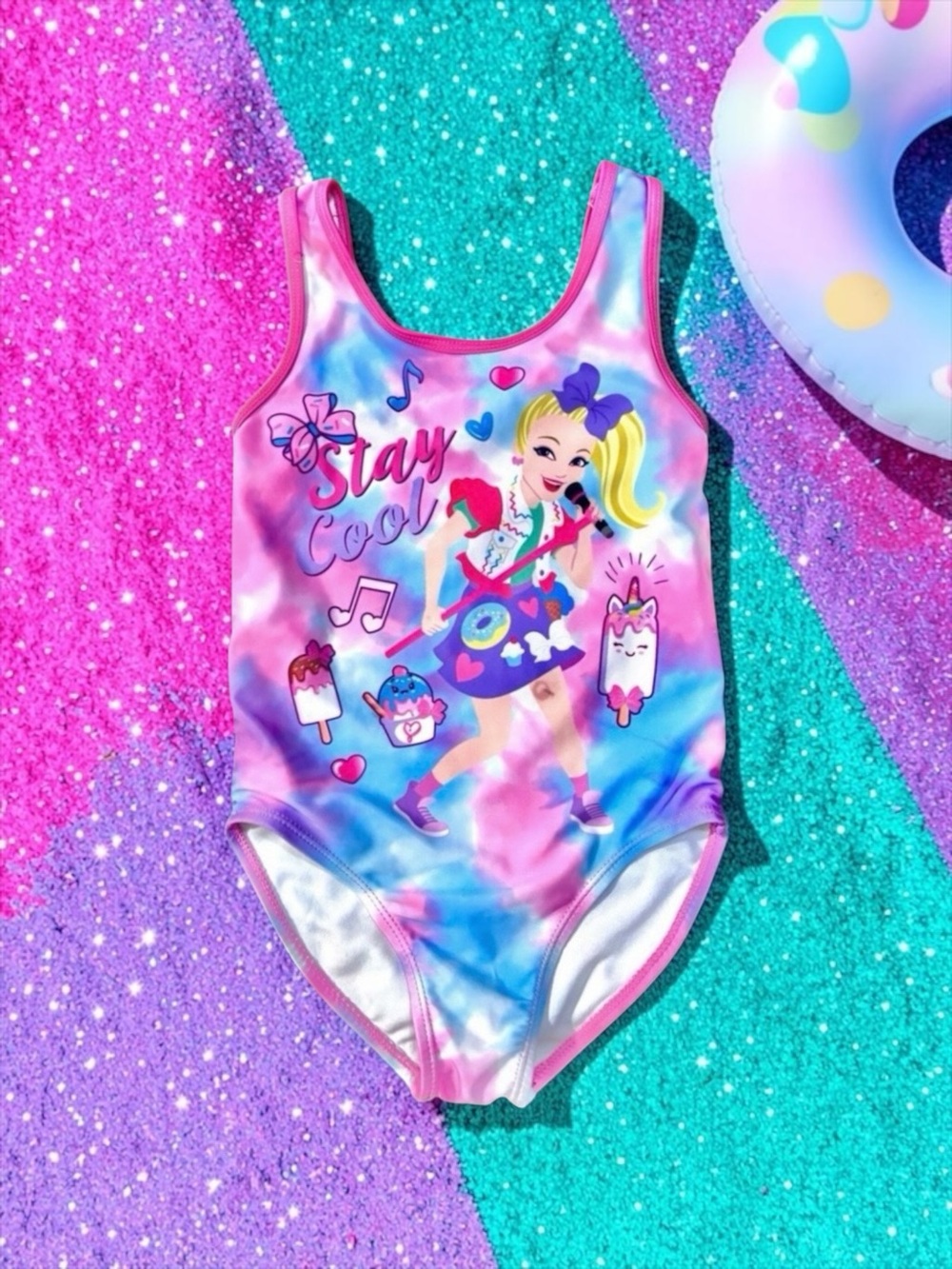 JoJo Siwa Girls Pastel Tie‑Dye “Stay Cool” Graphic One‑Piece Swimsuit XS (4–5)